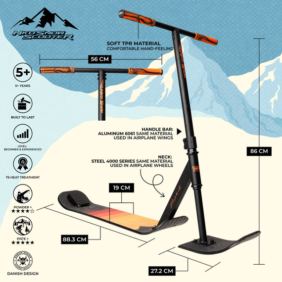 Hulajnoga Wyczynowa na śnieg NKD SNOW Stunt Scooter Czarno-Pomarańczowy wys. 86 cm