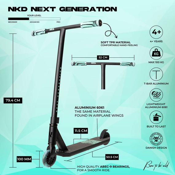 NKD Next Generation Black-Mint Vysoce výkonná hliníková koloběžka pro mladé jezdce. 79,4 cm
