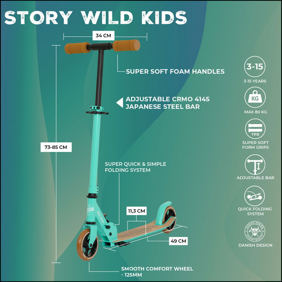Hulajnoga Miejska Transportowa dla dzieci i młodzieży Story Wild Kids Miętowy wys. 73–85 cm