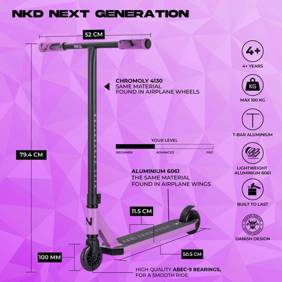Hulajnoga Wyczynowa Aluminiowa Lekka dla młodych riderów NKD Next Generation Fioletowy wys. 79,4 cm