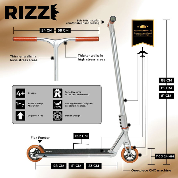 NKD RIZZ Stunt Scooter Black and Gold 88 cm