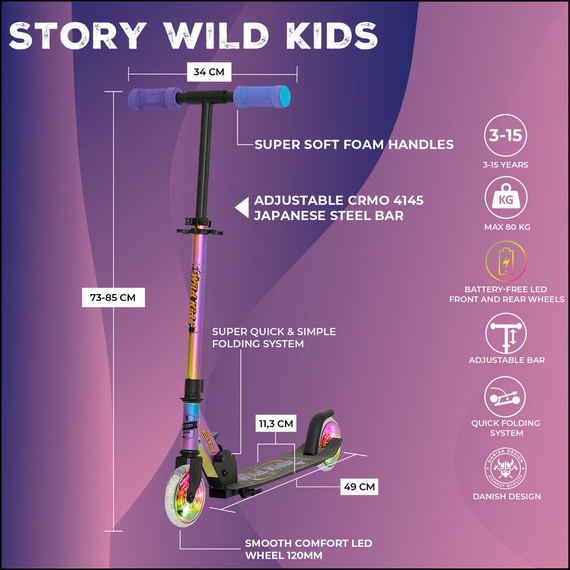 Hulajnoga Miejska Transportowa dla dzieci i młodzieży Story Wild Kids Neo LED wys. 73–85 cm