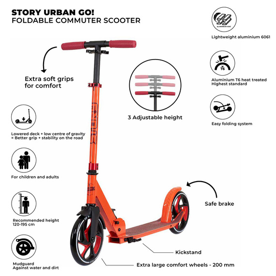 Hulajnoga Transportowa z dużymi kołami Story Urban GO! Pomarańczowy