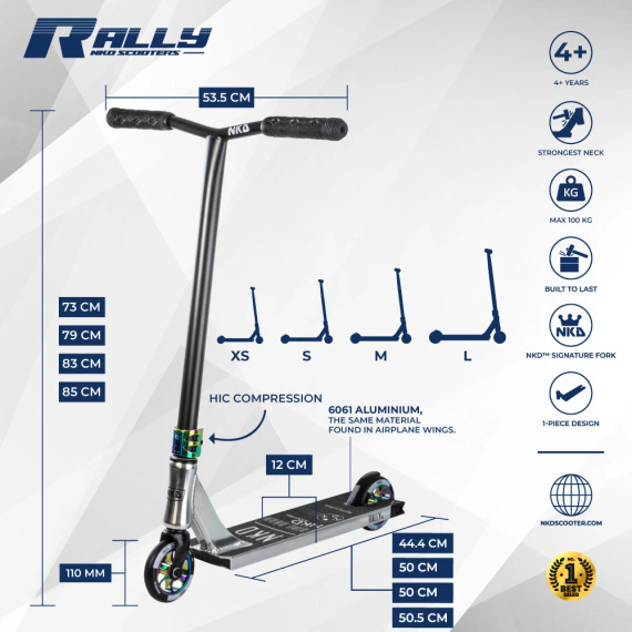 Výkonnostní skútr NKD Rally V4 Silver a Rainbow wys. 79 cm
