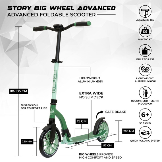 Hulajnoga Miejska Transportowa Story Big Wheel Advanced Foldable Scooter Zielony 230/200 mm