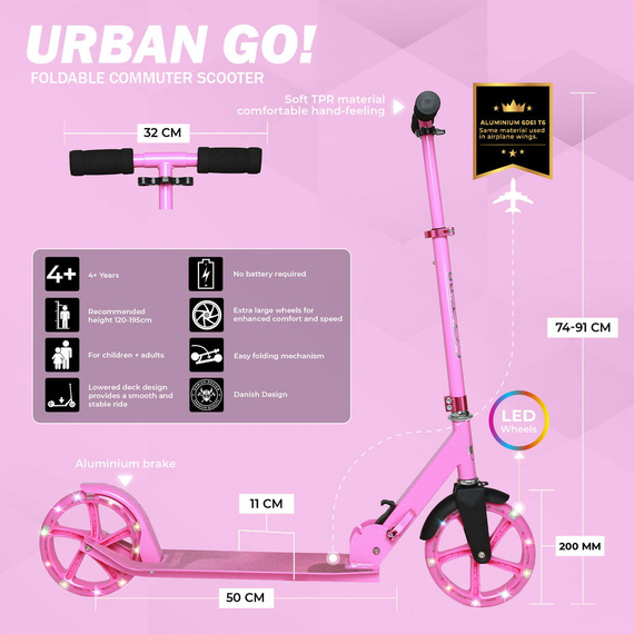 Přepravní koloběžka s velkými koly Story Urban GO! Růžová LED dioda