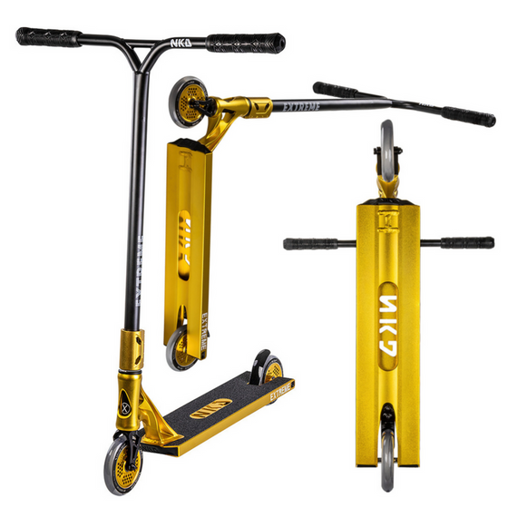 Výkonnostní koloběžka Velká hliníková lehká široká řídítka a platforma NKD Extreme Goldanodized wys. 91 cm