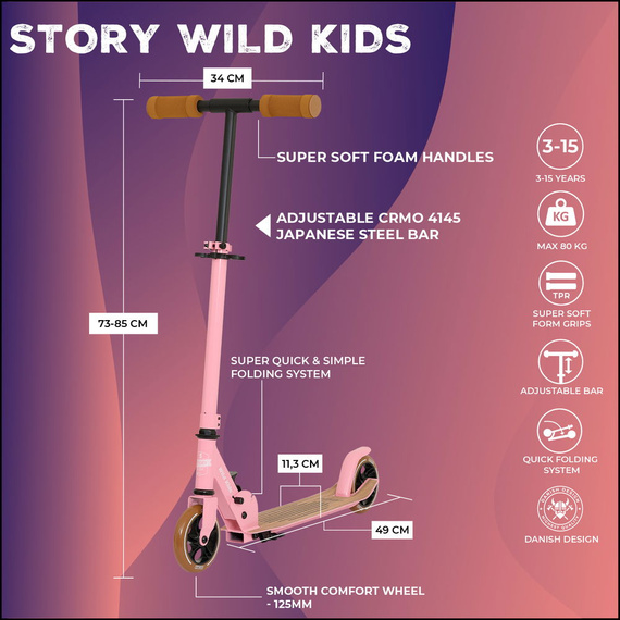 Městská koloběžka pro děti a mládež Story Wild Kids Pink wys. 73-85 cm