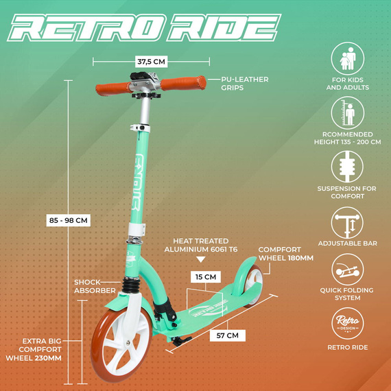 Hulajnoga Transportowa Miejska z Przednim Zawieszeniem Story Retro Ride Miętowo-Biały