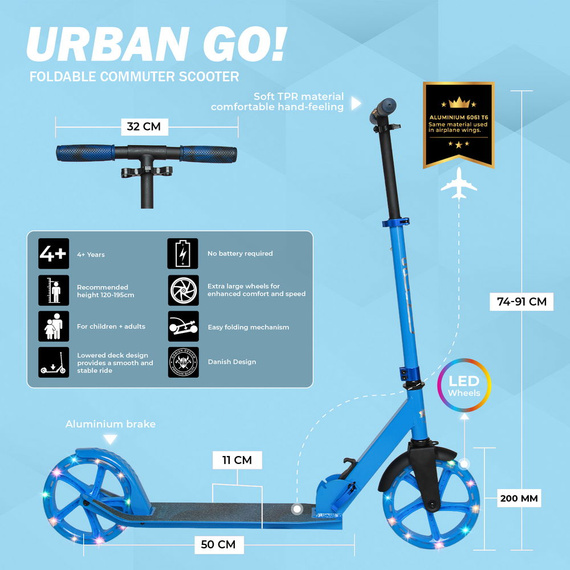 Přepravní koloběžka s velkými koly Story Urban GO! Modrá LED dioda