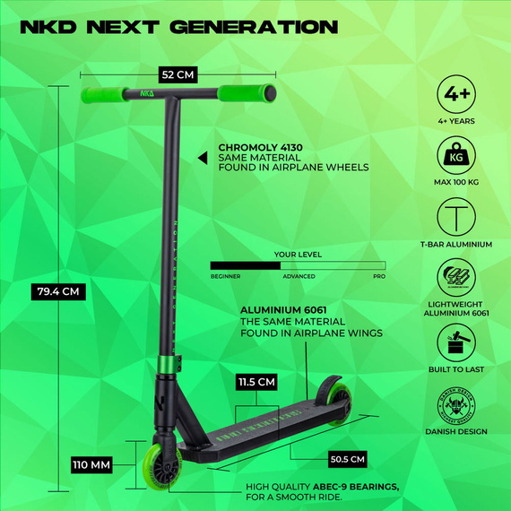 Zeleno-černá vysoce výkonná hliníková koloběžka nové generace NKD pro mladé jezdce. 79,4 cm