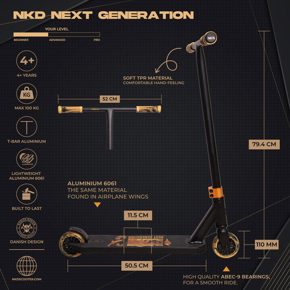 Hulajnoga Wyczynowa Aluminiowa Lekka dla młodych riderów NKD Next Generation Czarno-Złoty wys. 79,4 cm