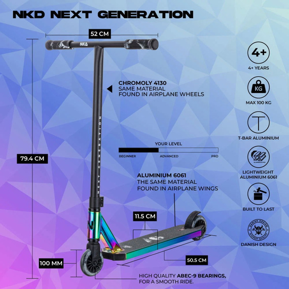Kaskadérský hliníkový lehký skútr pro mladé jezdce NKD Next Generation Rainbow Stunt wys. 79,4 cm