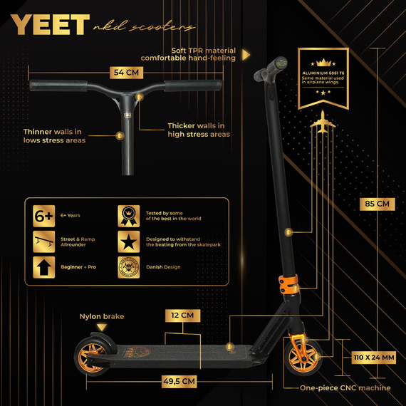 NKD YEET Stunt Scooter Black and Gold wys. 85 cm