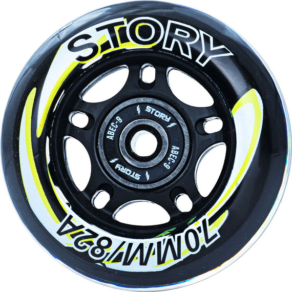 Story Inline brusle kolečka černá/žlutá 64 mm (8 ks) kolečka s ložisky pro kolečkové brusle.)