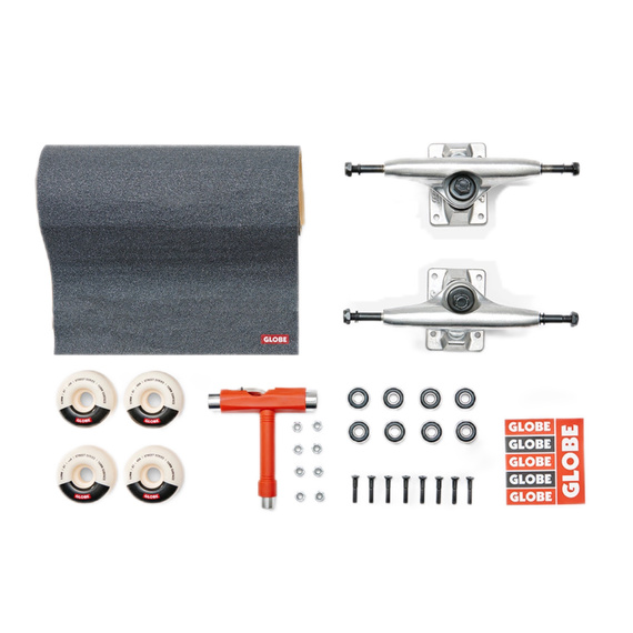 GLOBE Everything But The Deck Kit Raw Finish: Slant 5.25" Trucks, Globe G1 53 mm Wheels, ABEC-7 Bearings, Griptape, Mounting Pads, Skate Tool