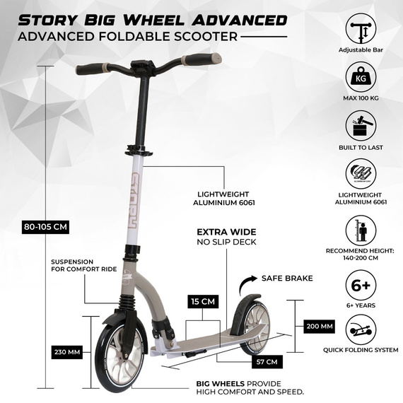 Městská koloběžka Story Big Wheel Advanced Skládací koloběžka Grey/Brown 230/200 mm
