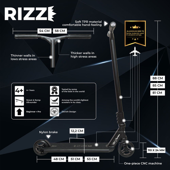 NKD RIZZ Stunt Scooter Black 88 cm