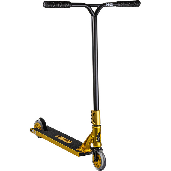 Výkonnostní koloběžka Velká hliníková lehká široká řídítka a platforma NKD Extreme Goldanodized wys. 91 cm