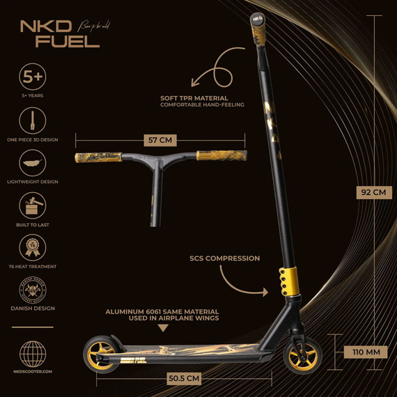 Výkonnostní skútr NKD Fuel Black and Gold wys. 92 cm