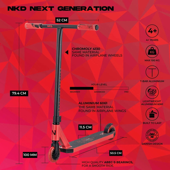Hulajnoga Wyczynowa Aluminiowa Lekka dla młodych riderów NKD Next Generation Czerwono-Czarny wys. 79,4 cm
