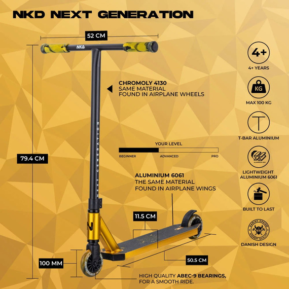 Hliníková lehká koloběžka pro mladé jezdce NKD Next Generation Stunt Gold wys. 79,4 cm