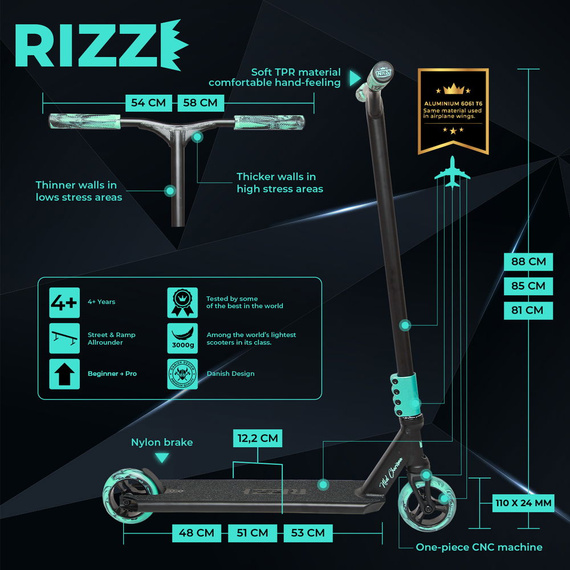 NKD RIZZ Stunt Scooter Mint and Black 85 cm