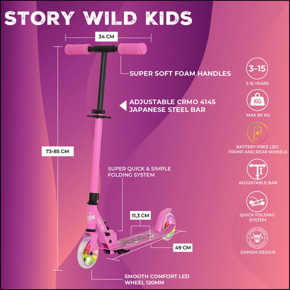 Městská koloběžka pro děti a mládež Story Wild Kids Pink LED wys. 73-85 cm