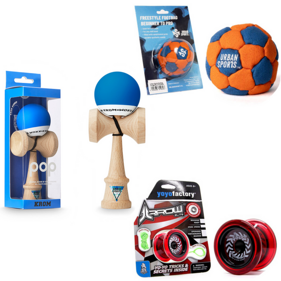 Sada Skill Toy Supreme: Kendama Krom Pop, Yoyo YoyoFactory Arrow, Footbag, Fingerboard, Finger Scoot, Finger BMX