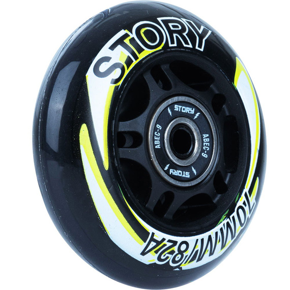 Story Inline brusle kolečka černá/žlutá 64 mm (8 ks) kolečka s ložisky pro kolečkové brusle.)