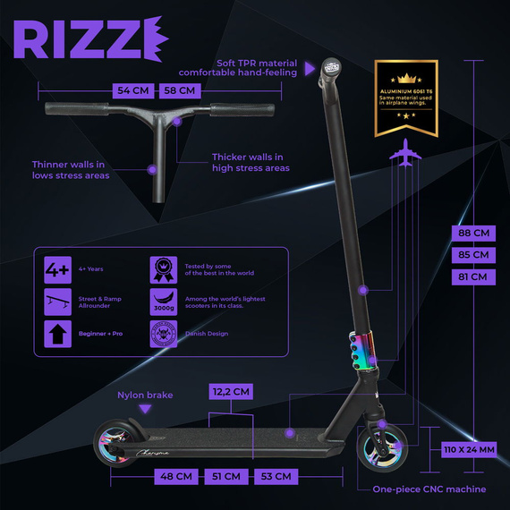 NKD RIZZ Stunt Scooter Black and Rainbow 81 cm