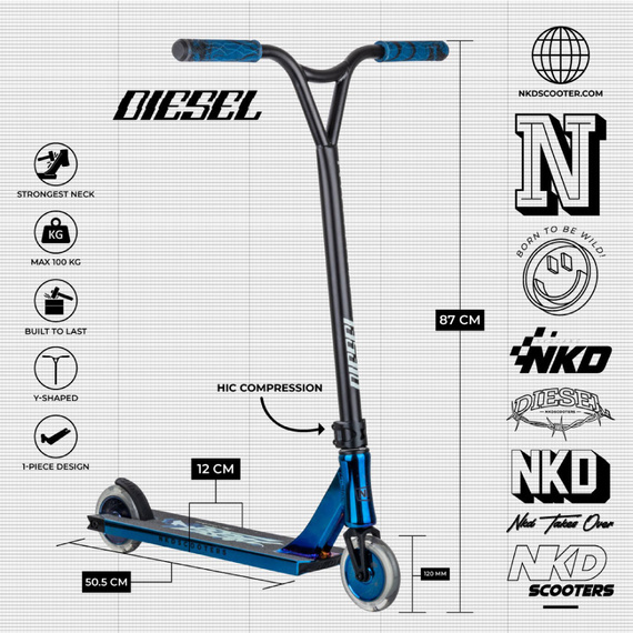 NKD Diesel Stunt Scooter Black and Blue 87 cm