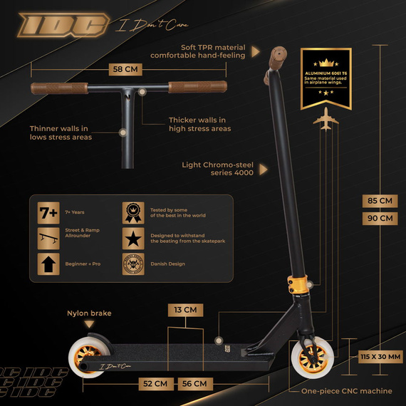 NKD IDC Stunt Scooter Black and Gold wys. 90 cm