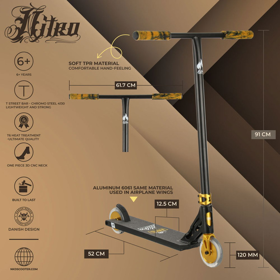 Vysoce výkonná hliníková koloběžka Lehká velká kvalitní široká plošina a řídítka 91 cm NKD Nitro Street Black Gold