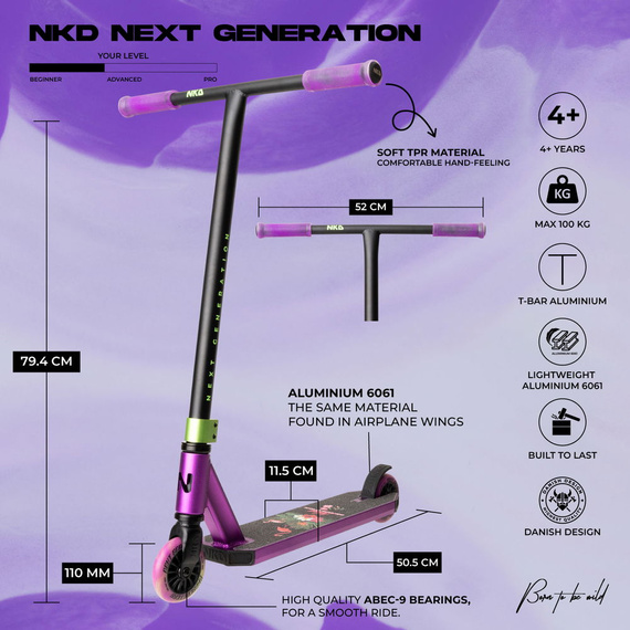 Hulajnoga Wyczynowa Aluminiowa Lekka dla młodych riderów NKD Next Generation Czarno-Fioletowy wys. 79,4 cm